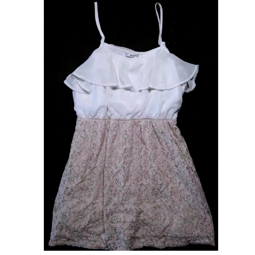 Papaya White Ruffle Top Lace Bottom Mini Dress Sleeveless Boho Casual -Size Lg